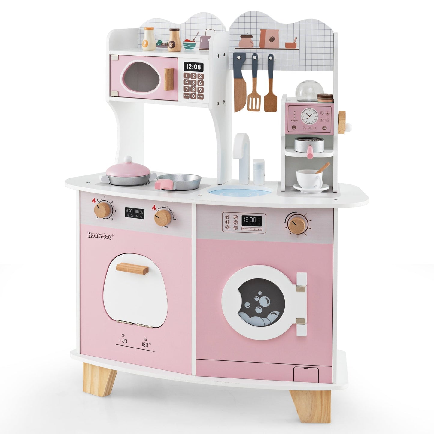 Wooden Kids Kitchen Playset with Coffee Maker for 3+ Years Old-Pink