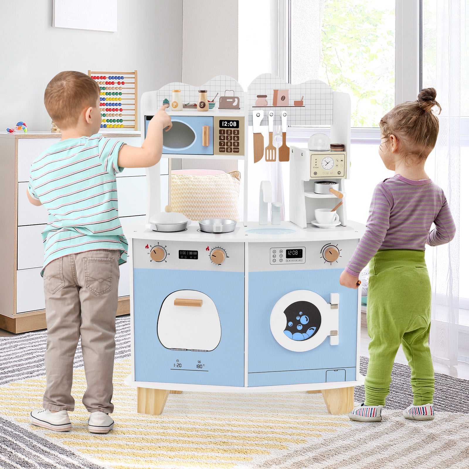 Wooden Kids Kitchen Playset Play Kitchen with Coffee Maker for 3+ Years Old-Blue