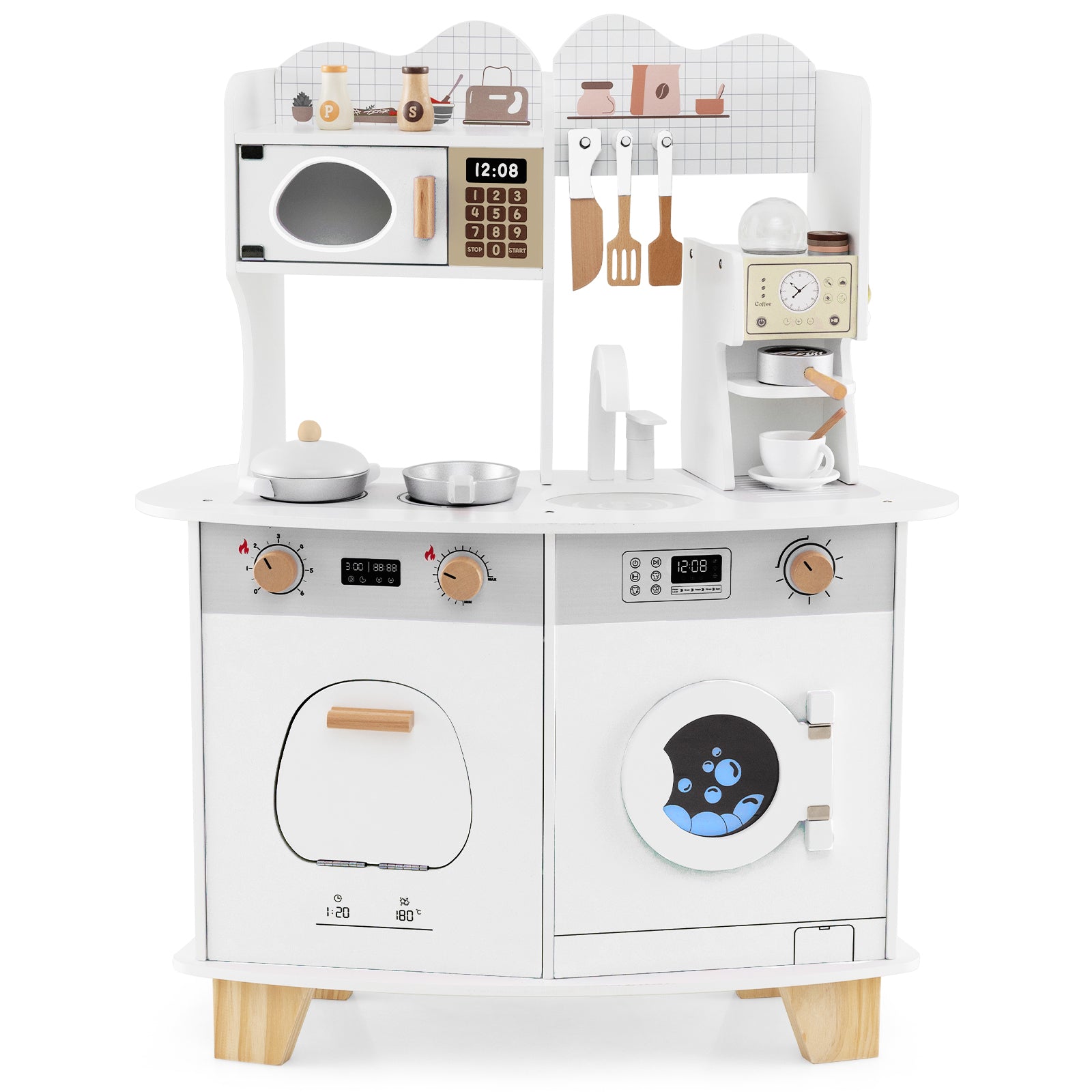 Wooden Kids Kitchen Playset with Coffee Maker for 3+ Years Old-White