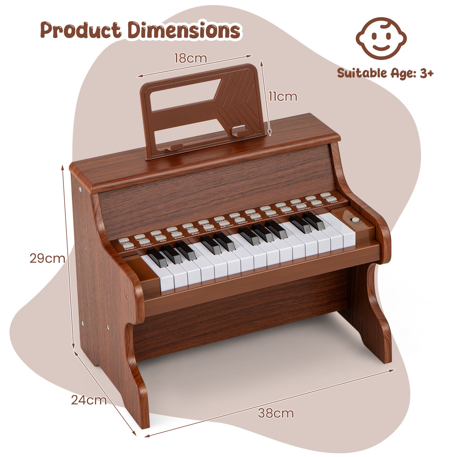Wooden Kids Piano Keyboard 25 Keys Digital Piano with Music Stand Music Learning Gift for 3+ Kids-Brown