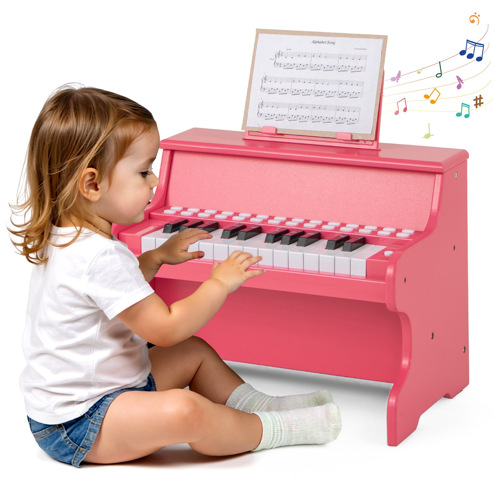 Wooden Kids Piano Keyboard 25 Keys Digital Piano with Music Stand Music Learning Gift for 3+ Kids-Pink