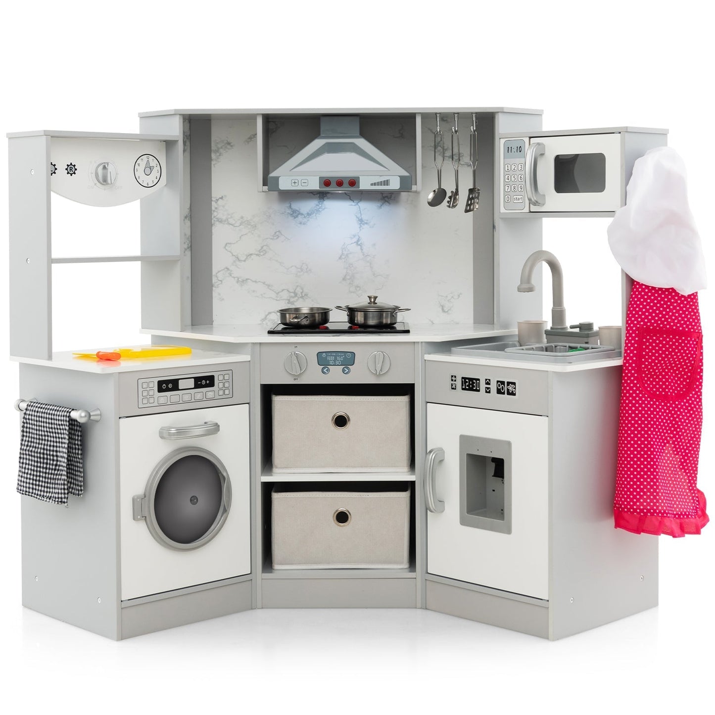 Wooden Kids Play Kitchen Playset with Realistic Lights and Sounds-Gray