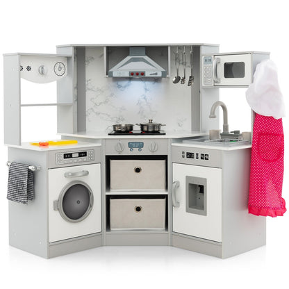 Wooden Kids Play Kitchen Playset with Realistic Lights and Sounds-Gray