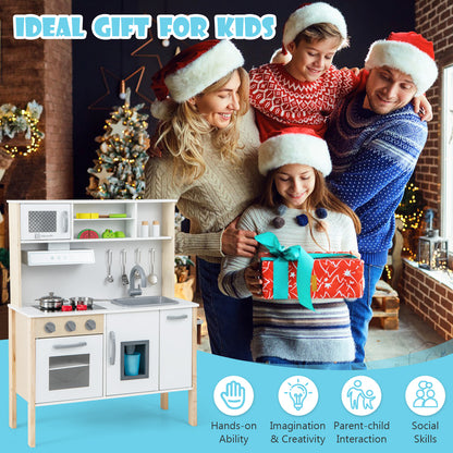 Wooden Kids Play Kitchen Set with Microwave Stoves Oven-White