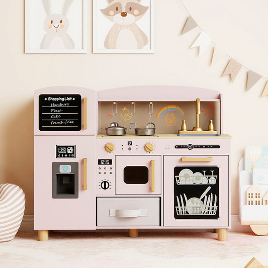 Wooden Kids Play Kitchen with Ice Maker and Fabric Drawer-Pink