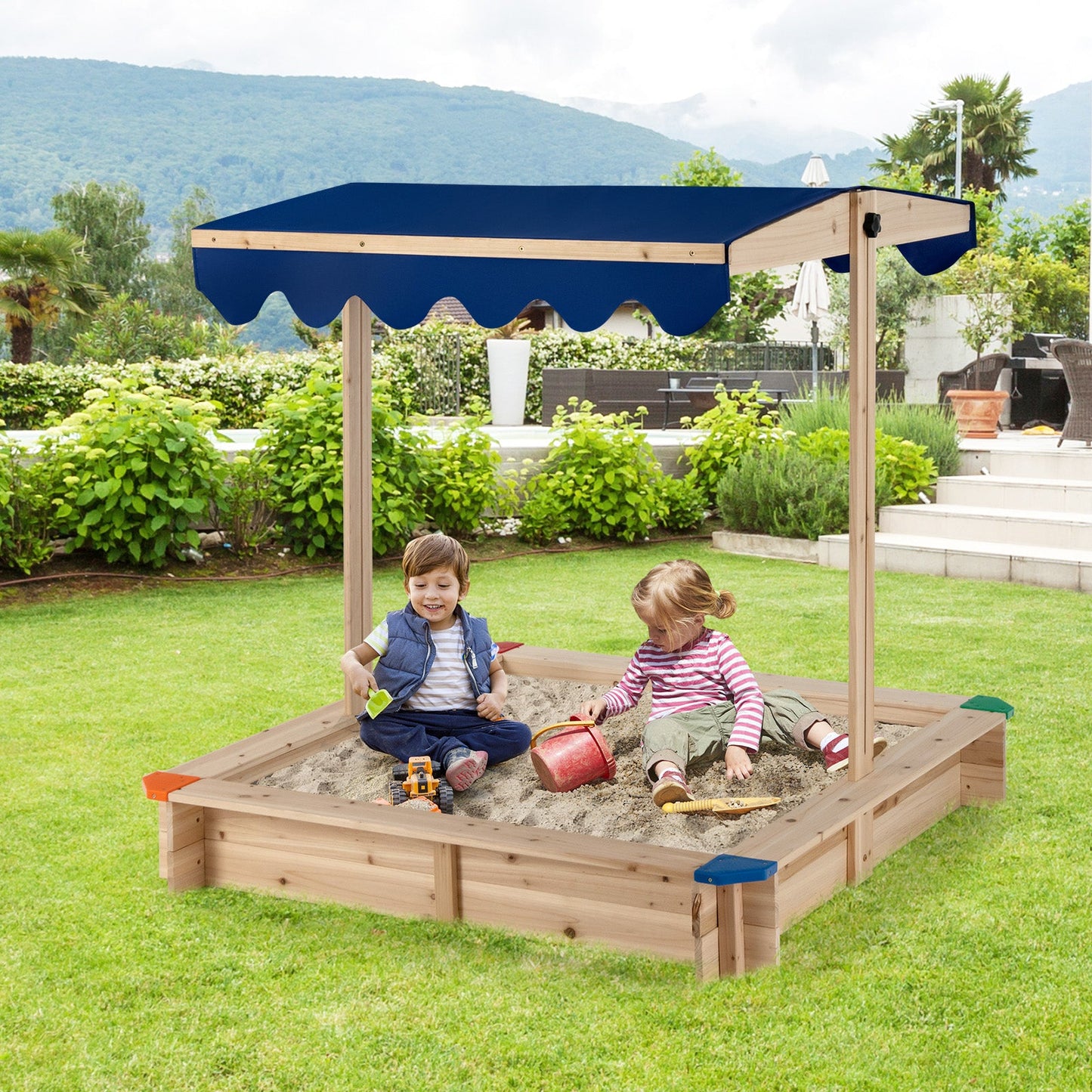 Wooden Kids Sandbox with Height-Adjustable Canopy and Protective Corners