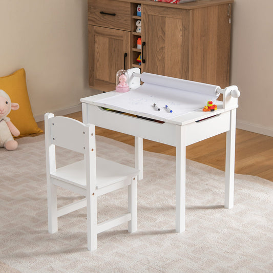 Toddler Activity Table Chair Set with Paper Roll Holder for Drawing, Studying