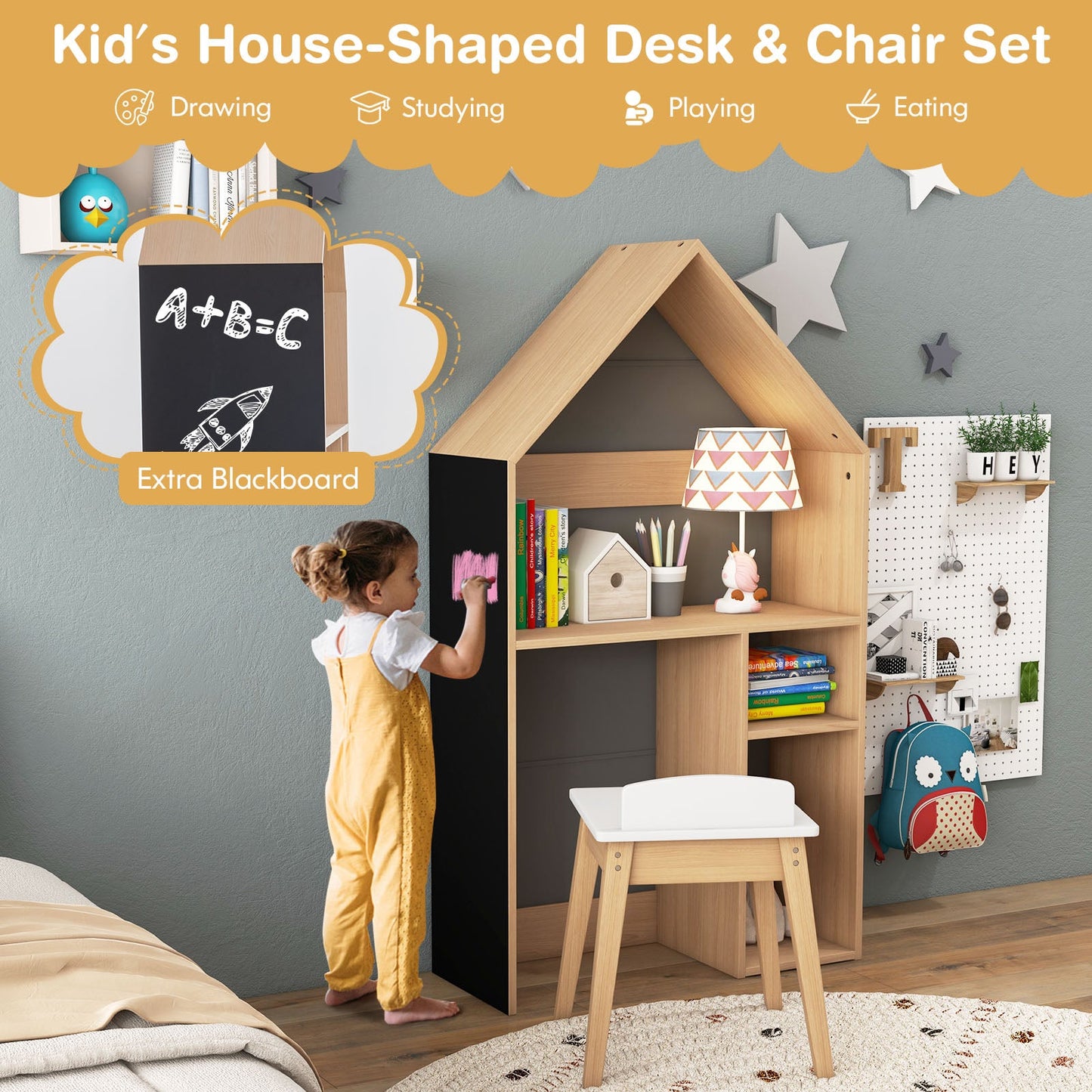 Wooden Kids Table and Chair Set House-Shaped with Blackboard-Grey