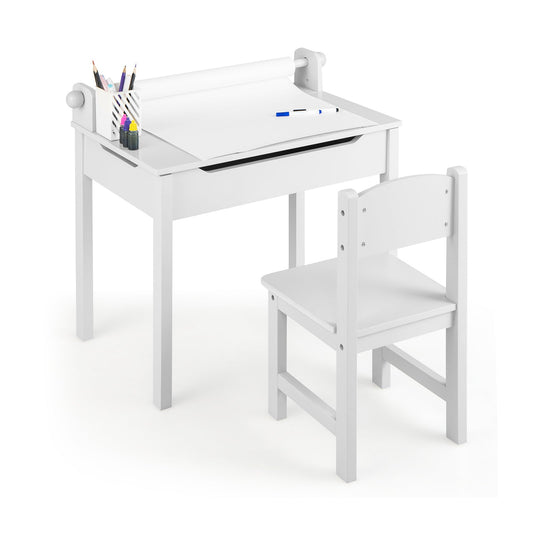 Toddler Activity Table Chair Set with Paper Roll Holder for Drawing, Studying