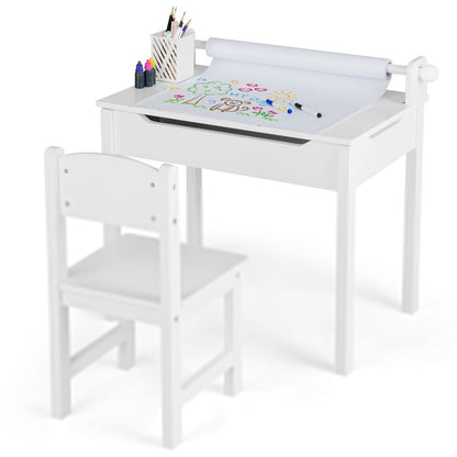 Toddler Activity Table Chair Set with Paper Roll Holder for Drawing, Studying