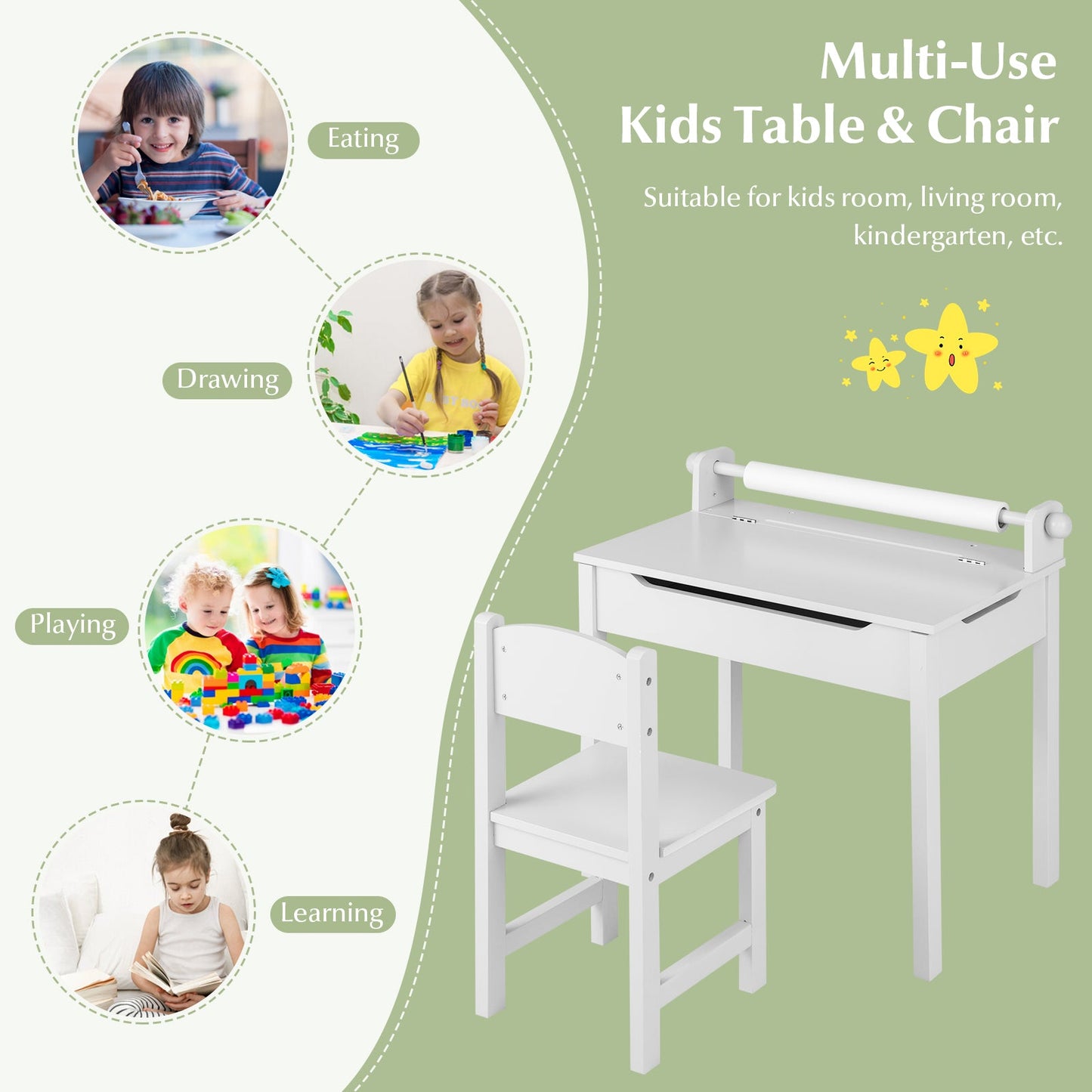 Toddler Activity Table Chair Set with Paper Roll Holder for Drawing, Studying