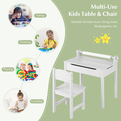 Toddler Activity Table Chair Set with Paper Roll Holder for Drawing, Studying