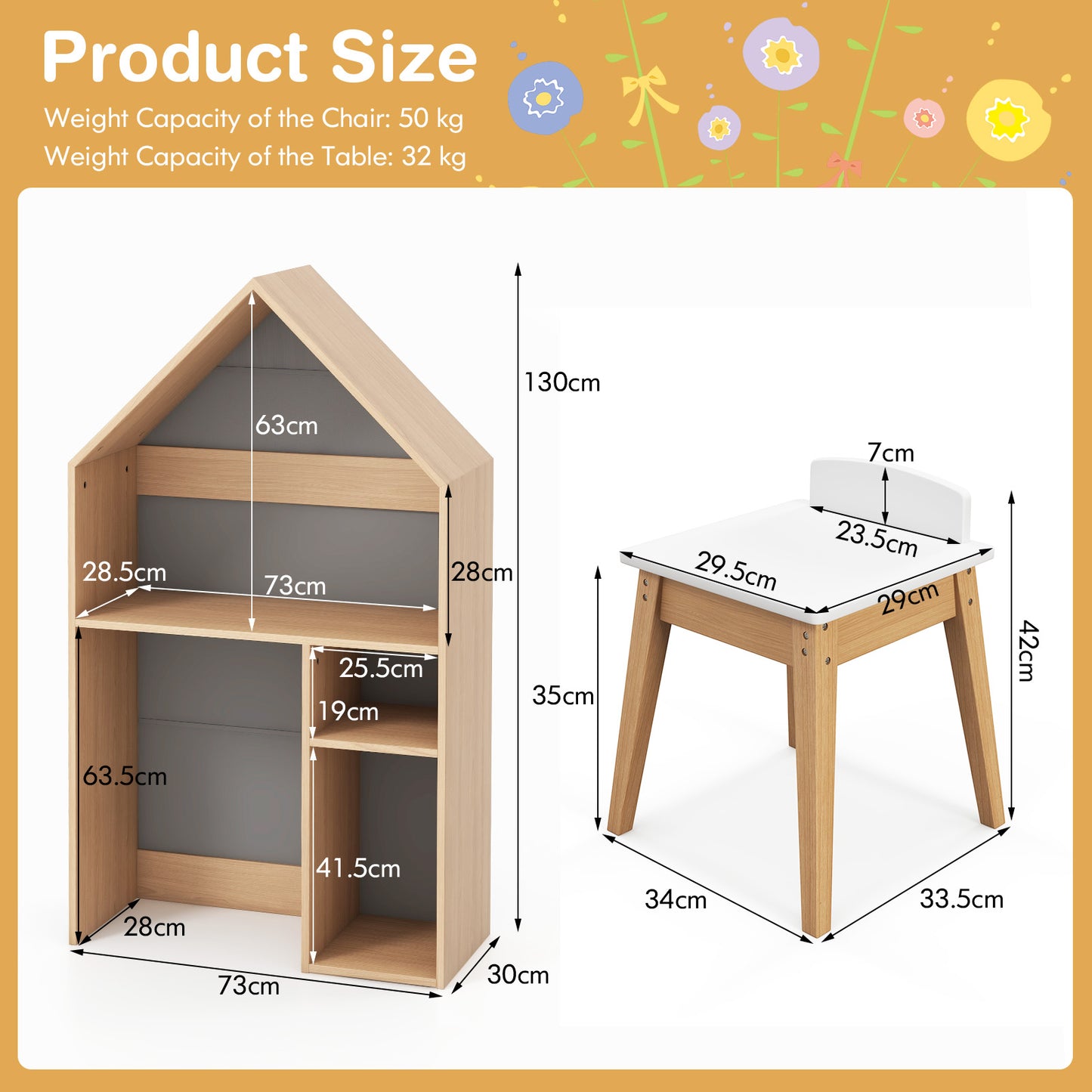 Wooden Kids Table and Chair Set House-Shaped with Blackboard-Grey
