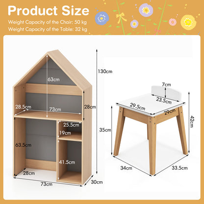 Wooden Kids Table and Chair Set House-Shaped with Blackboard-Grey