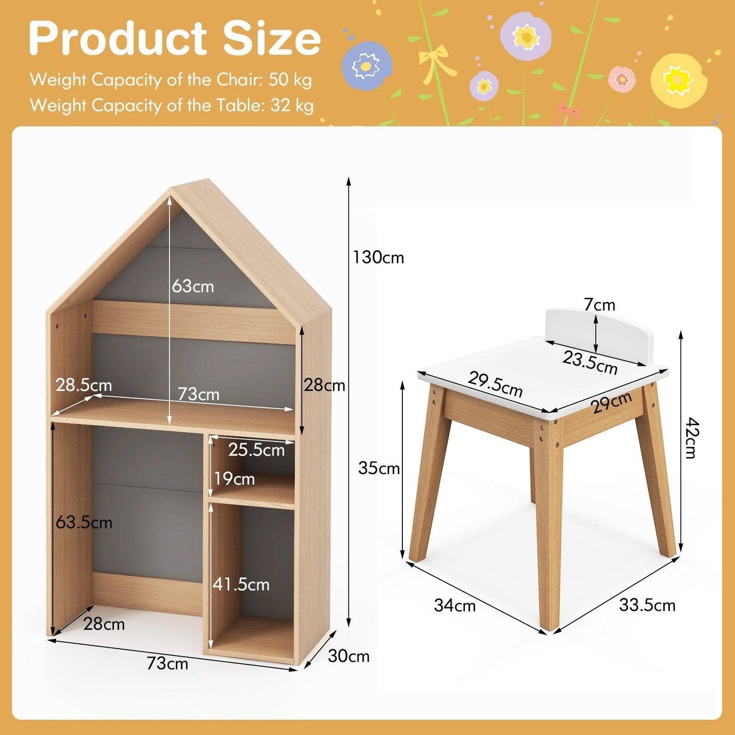 Wooden Kids Table and Chair Set House-Shaped with Blackboard-Grey