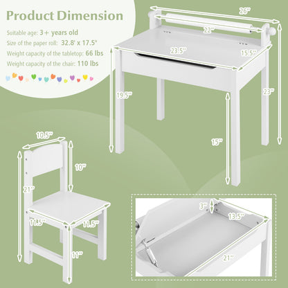 Toddler Activity Table Chair Set with Paper Roll Holder for Drawing, Studying