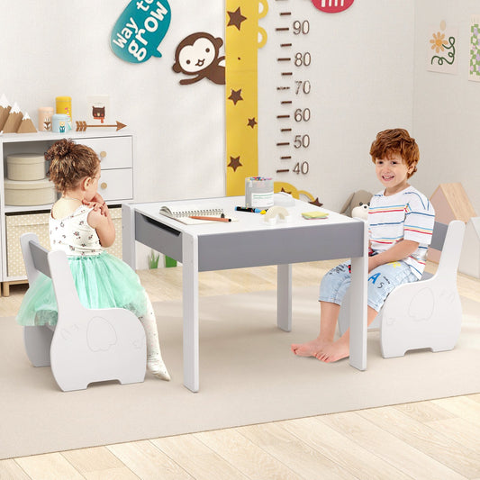 Wooden Kids Table and Chair Set with Hidden Storage-Gray &amp; White