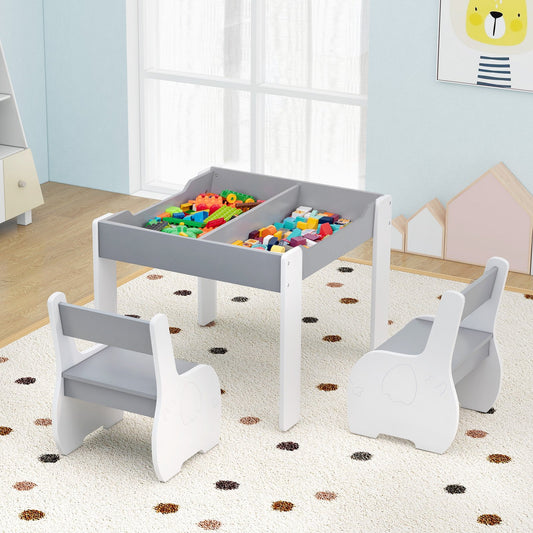 Wooden Kids Table and Chair Set with Hidden Storage-Gray &amp; White