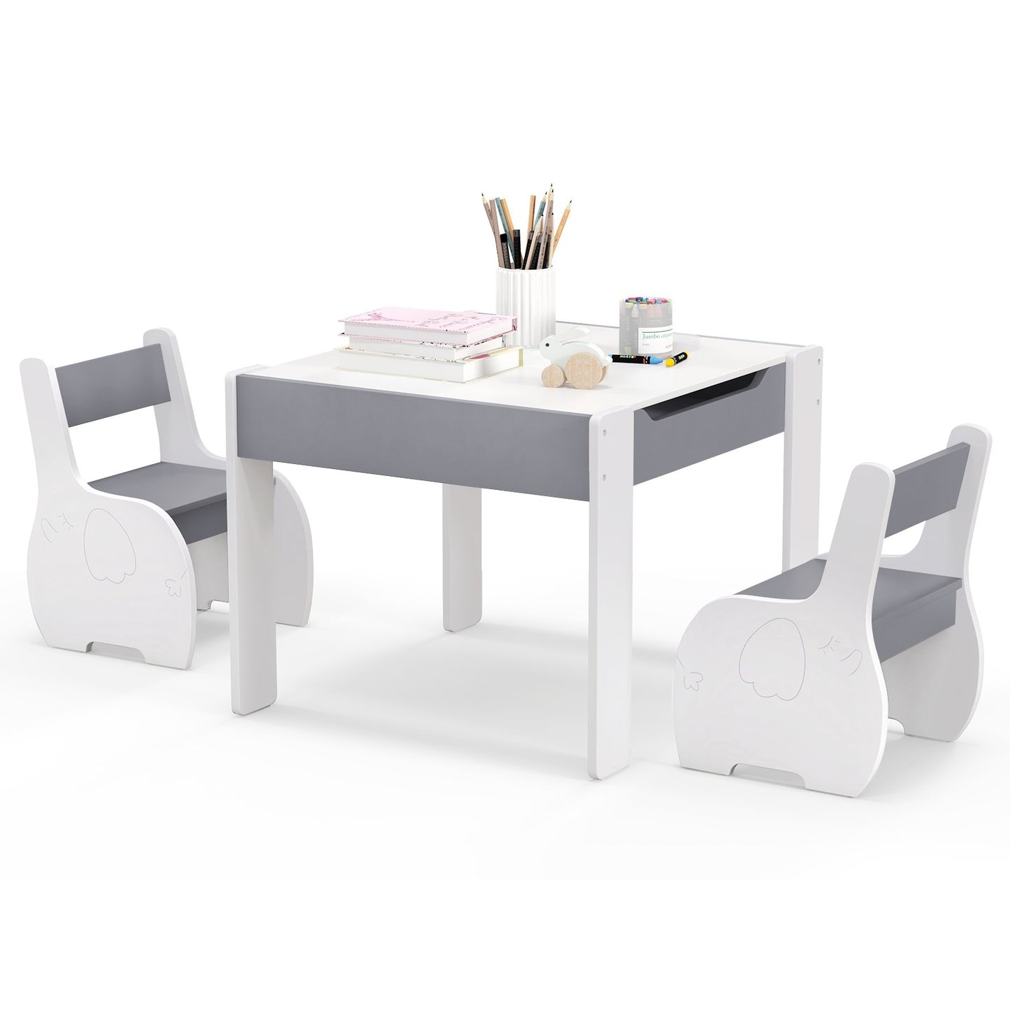 Wooden Kids Table and Chair Set with Hidden Storage-Gray &amp; White