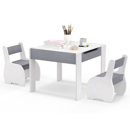 Wooden Kids Table and Chair Set with Hidden Storage-Gray &amp; White