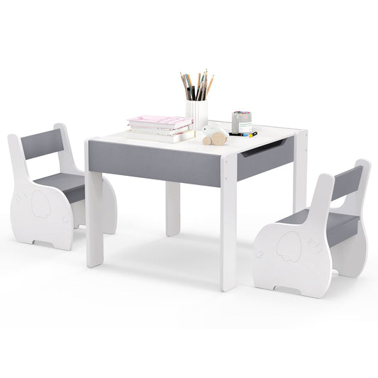 Wooden Kids Table and Chair Set with Hidden Storage-Gray &amp;amp; White