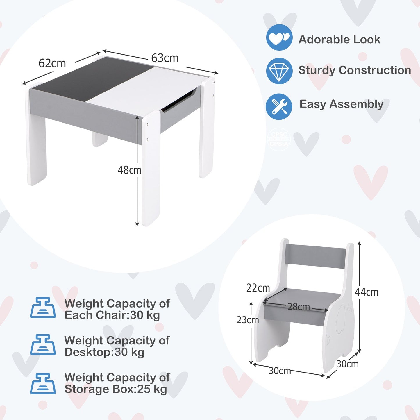Wooden Kids Table and Chair Set with Hidden Storage-Gray &amp; White