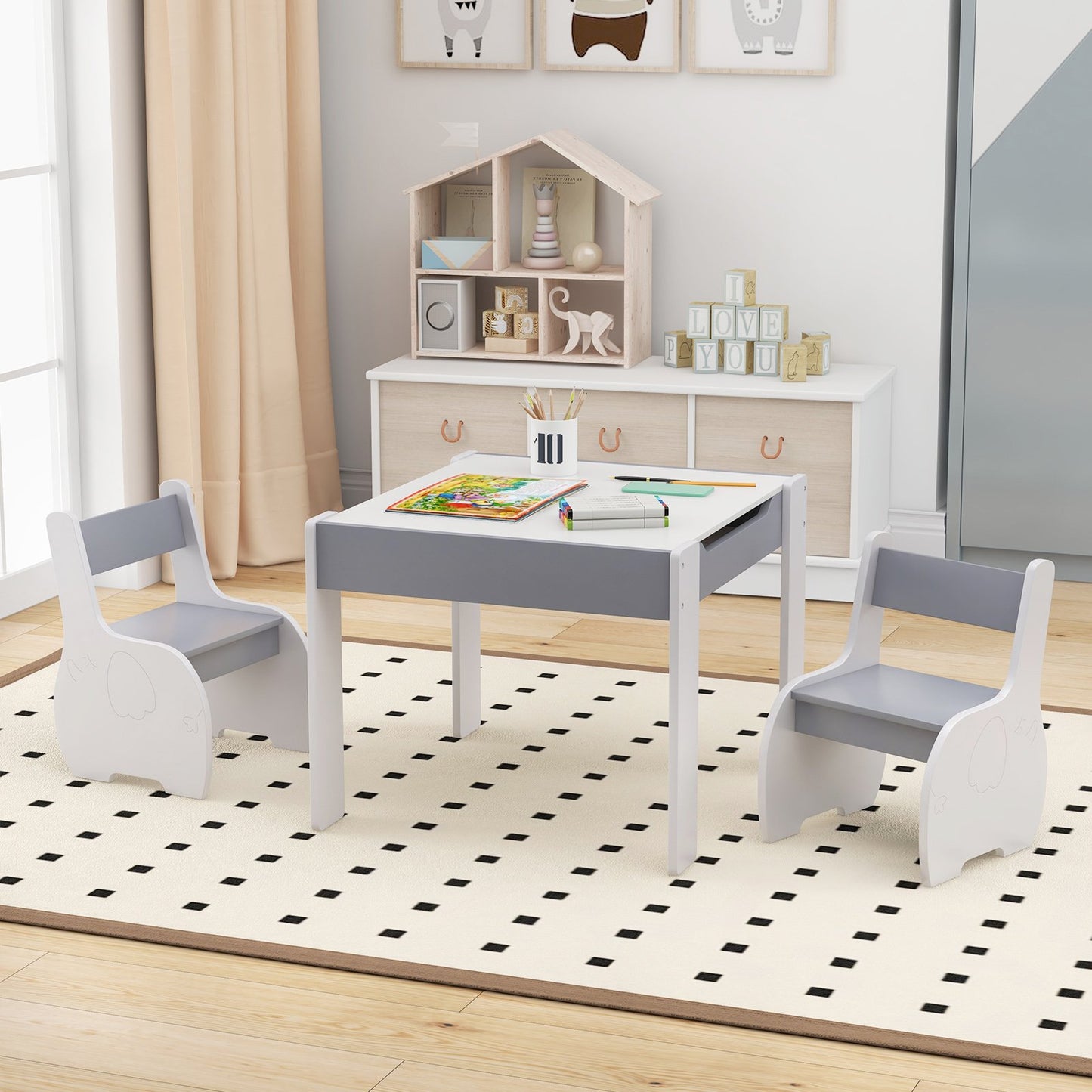 Wooden Kids Table and Chair Set with Hidden Storage-Gray &amp; White