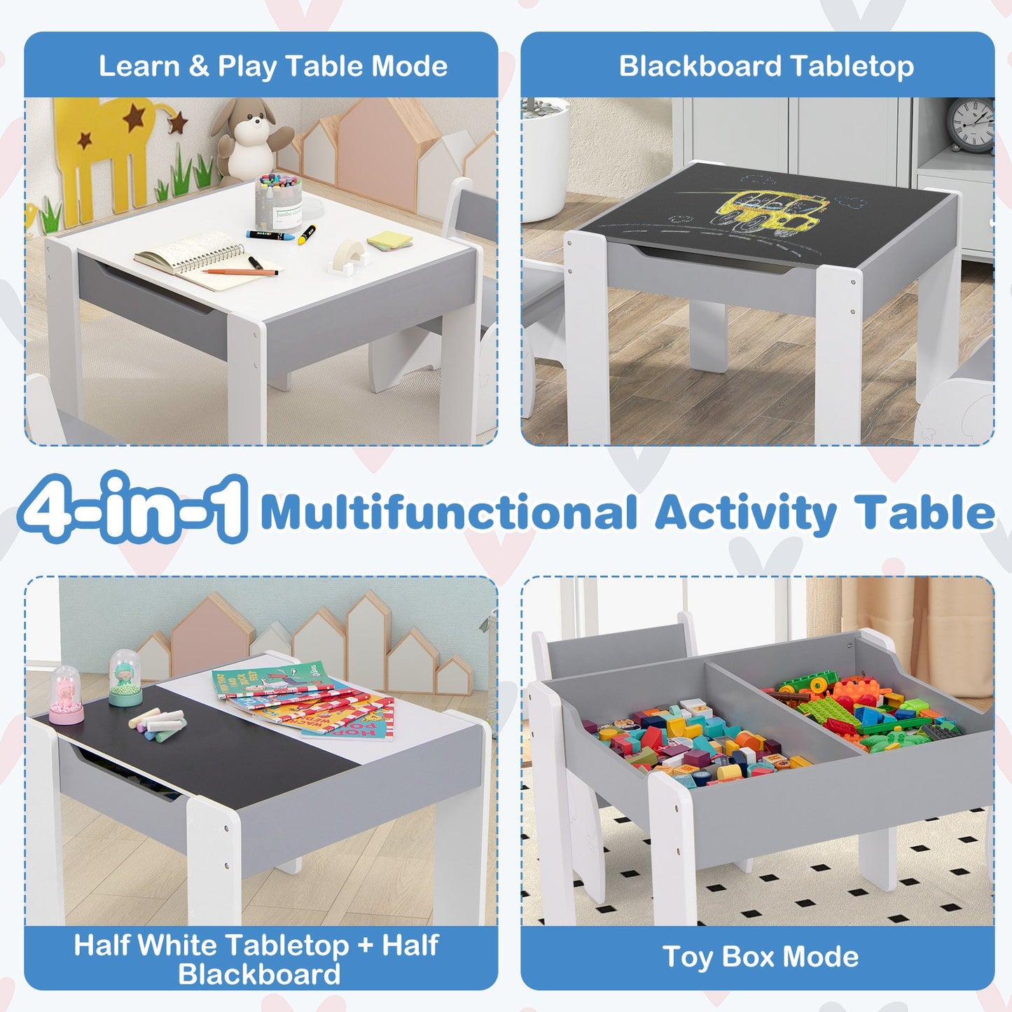 Wooden Kids Table and Chair Set with Hidden Storage-Gray &amp; White