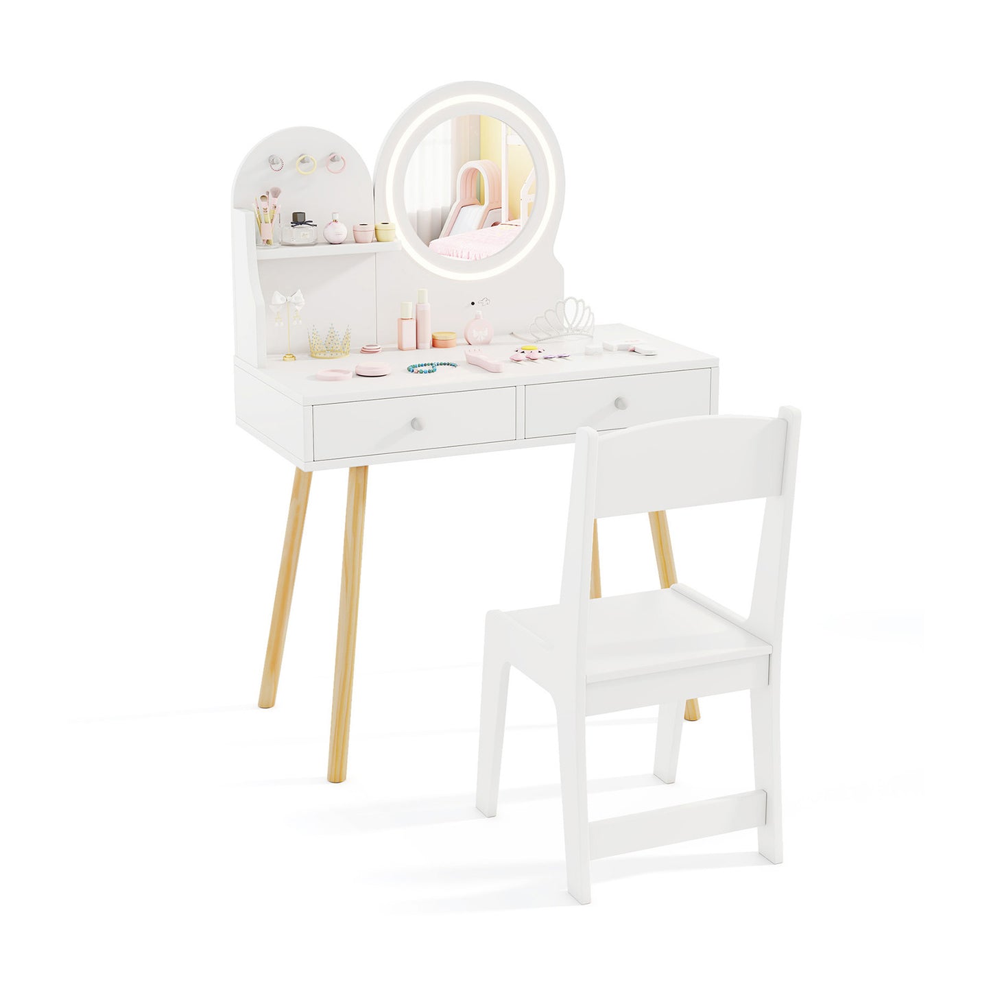 Wooden Kids Vanity Set with Lighted Mirror, Hooks and Storage Drawers-White