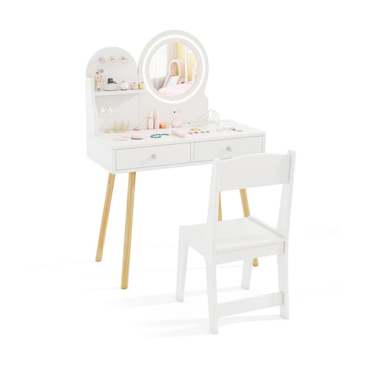 Wooden Kids Vanity Set with Lighted Mirror, Hooks and Storage Drawers-White