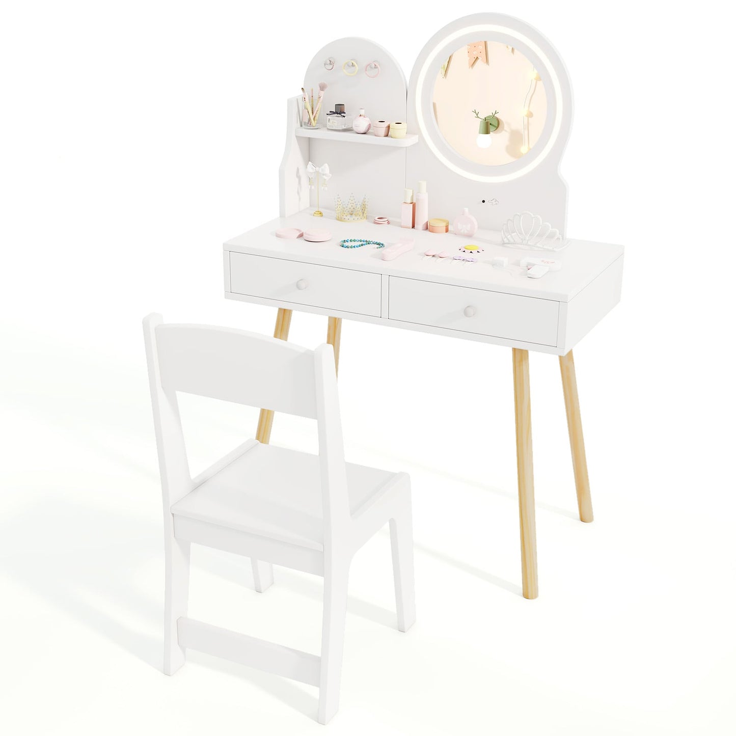 Wooden Kids Vanity Set with Lighted Mirror, Hooks and Storage Drawers-White