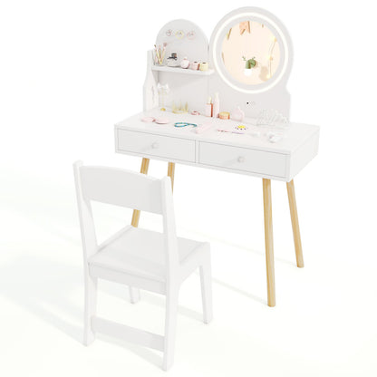 Wooden Kids Vanity Set with Lighted Mirror, Hooks and Storage Drawers-White