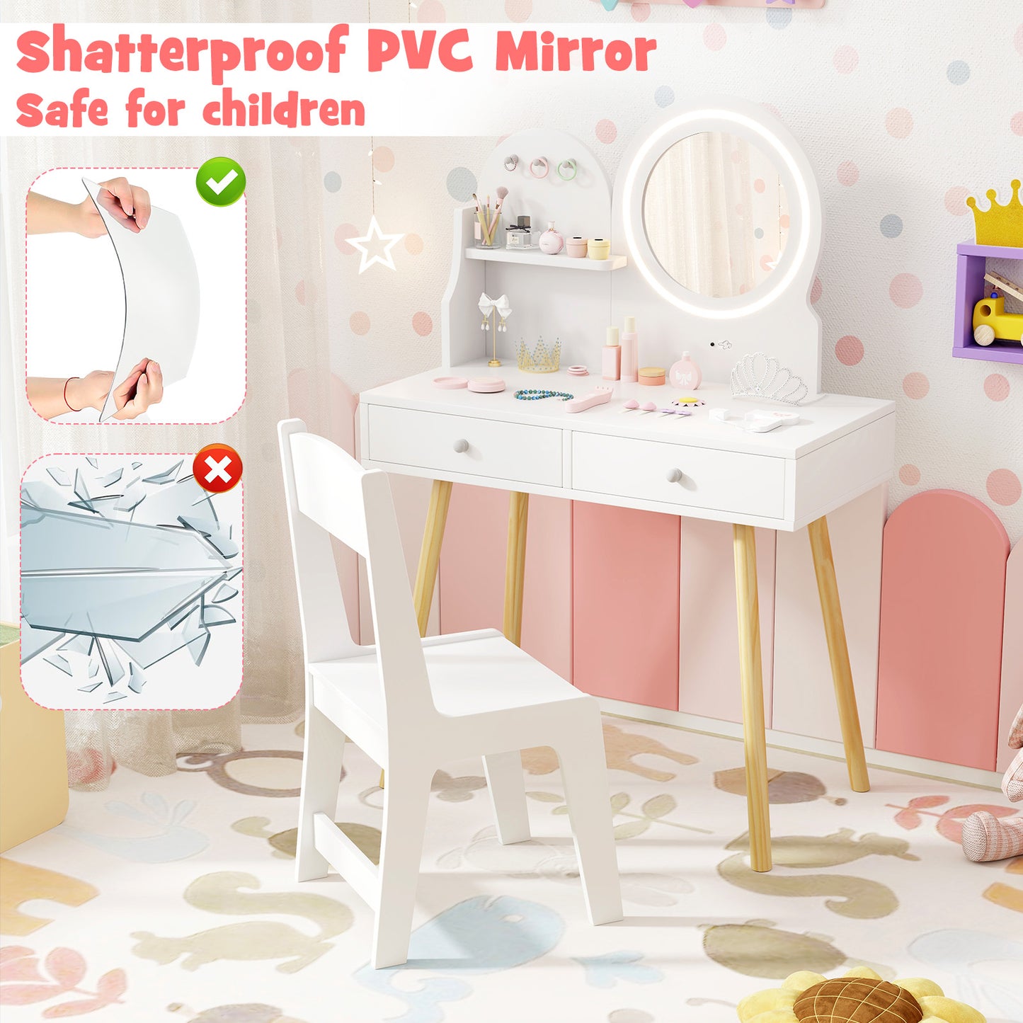 Wooden Kids Vanity Set with Lighted Mirror, Hooks and Storage Drawers-White