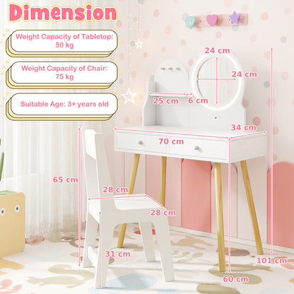 Wooden Kids Vanity Set with Lighted Mirror, Hooks and Storage Drawers-White