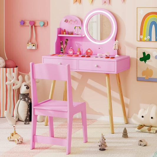 Wooden Kids Vanity Set with Lighted Mirror, Hooks and Storage Drawers-Pink