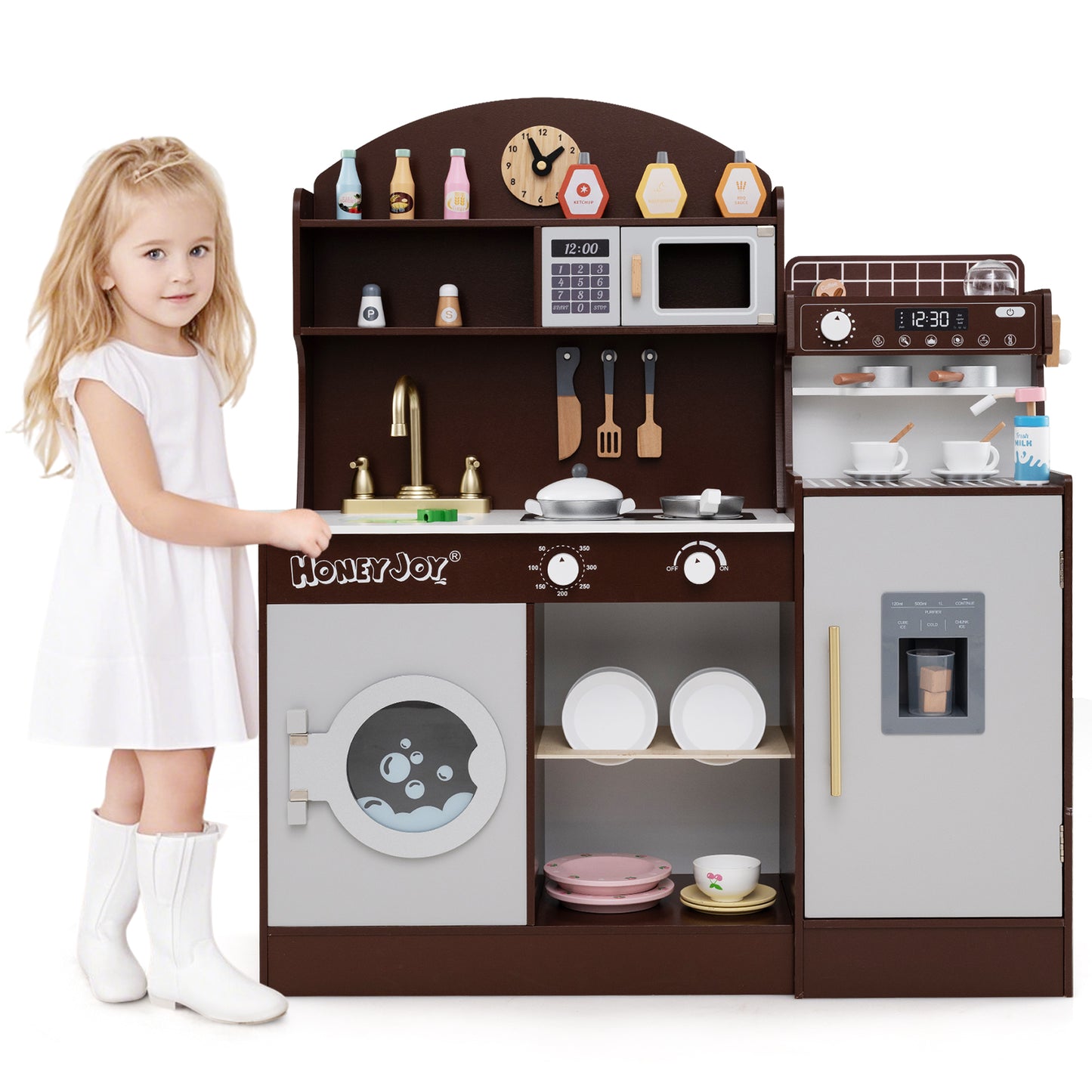 Wooden Kitchen Playset with Clock and Microwave-Brown