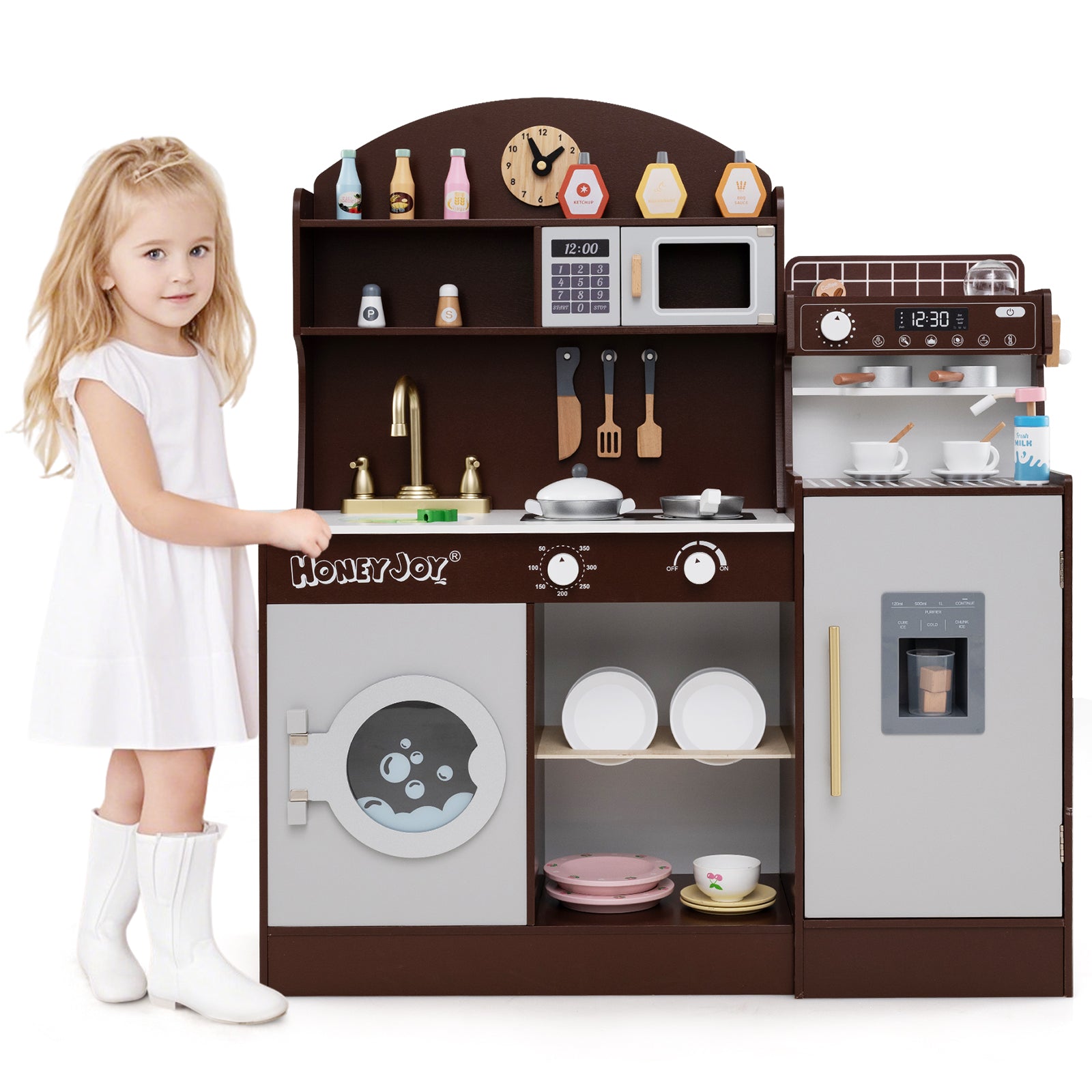 Wooden Kitchen Playset with Clock and Microwave-Brown