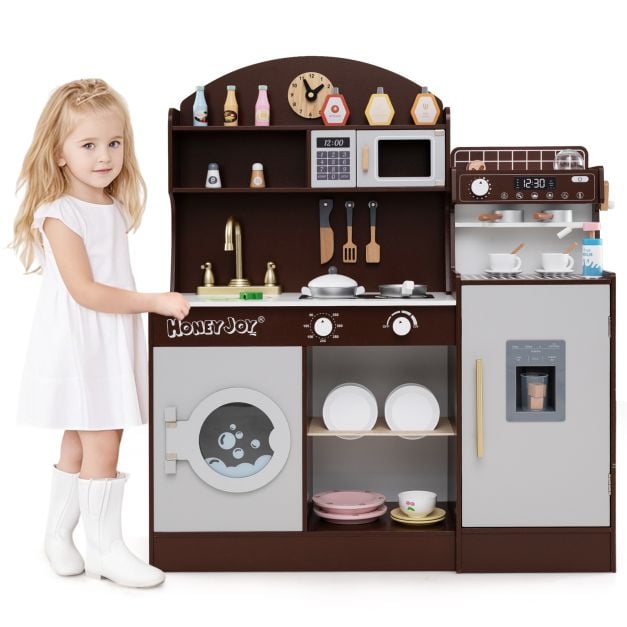 Wooden Kitchen Playset with Clock and Microwave-Coffee