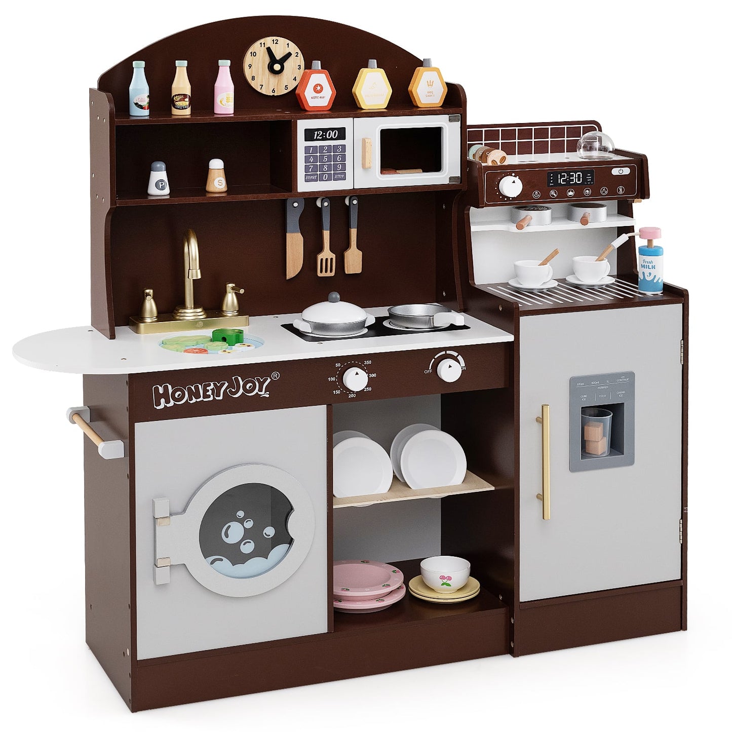 Wooden Kitchen Playset with Clock and Microwave-Brown