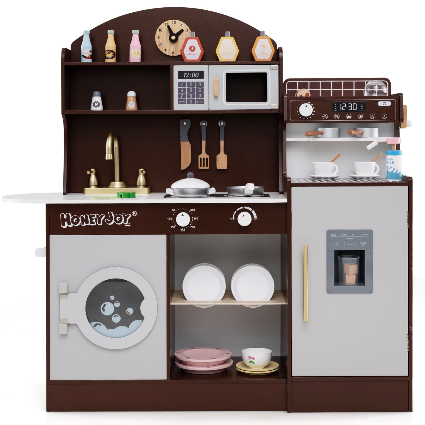 Wooden Kitchen Playset with Clock and Microwave-Brown