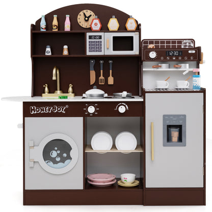 Wooden Kitchen Playset with Clock and Microwave-Brown