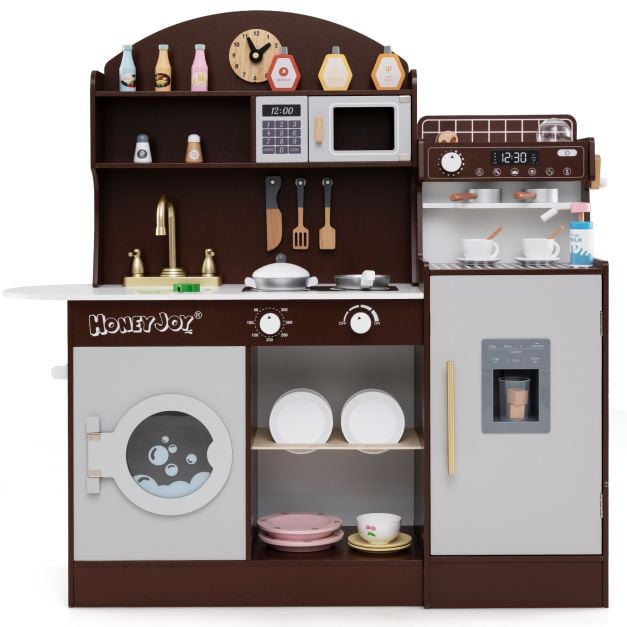 Wooden Kitchen Playset with Clock and Microwave-Coffee