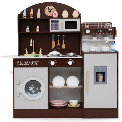 Wooden Kitchen Playset with Clock and Microwave-Coffee