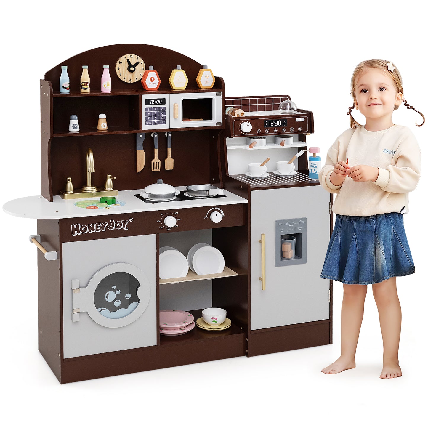 Wooden Kitchen Playset with Clock and Microwave-Brown