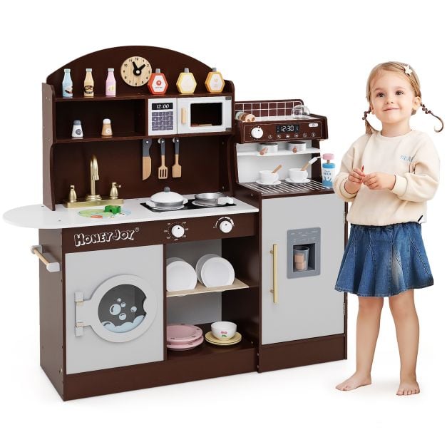 Wooden Kitchen Playset with Clock and Microwave-Coffee