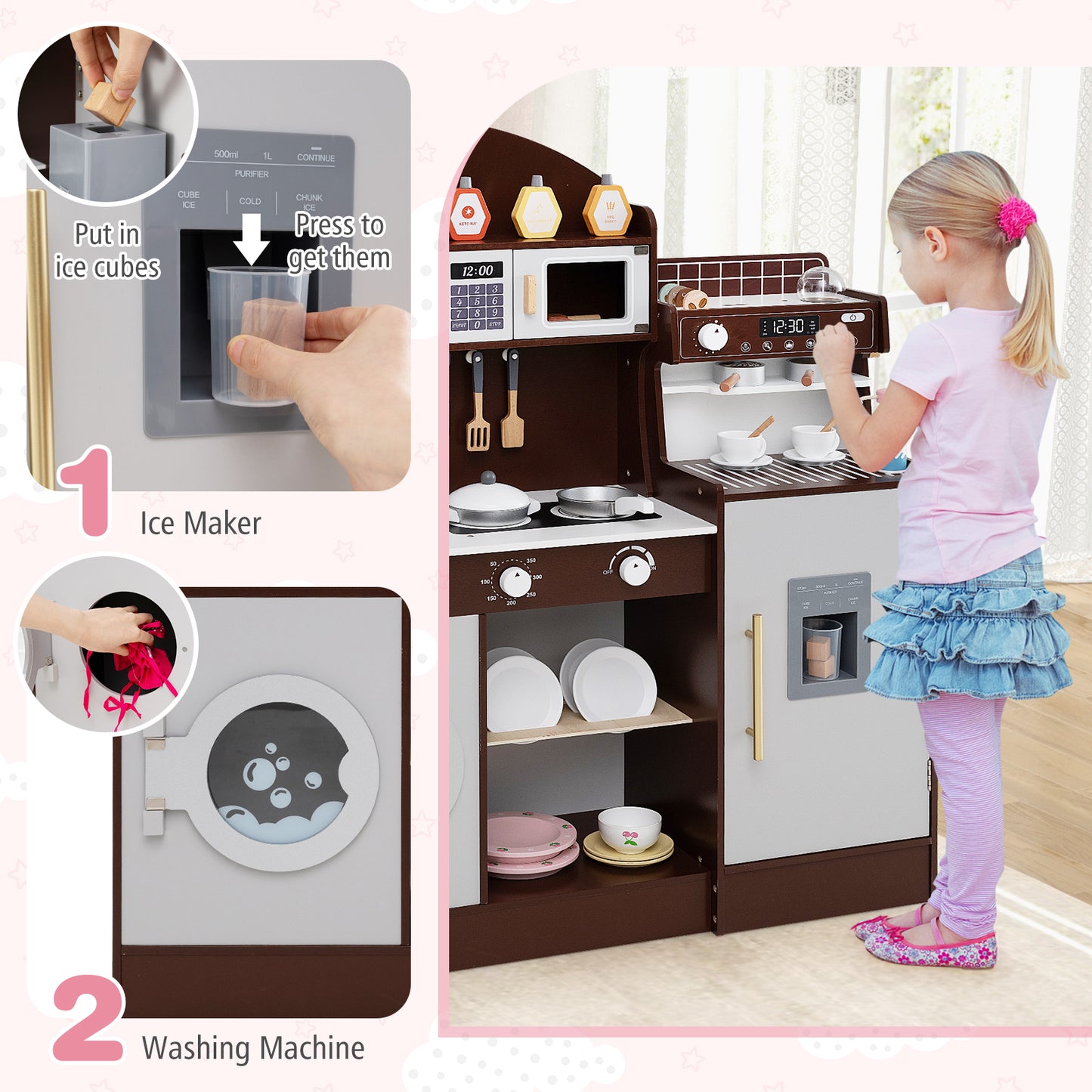 Wooden Kitchen Playset with Clock and Microwave-Brown