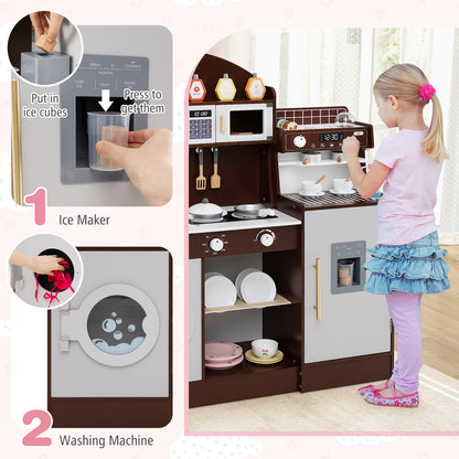 Wooden Kitchen Playset with Clock and Microwave-Brown