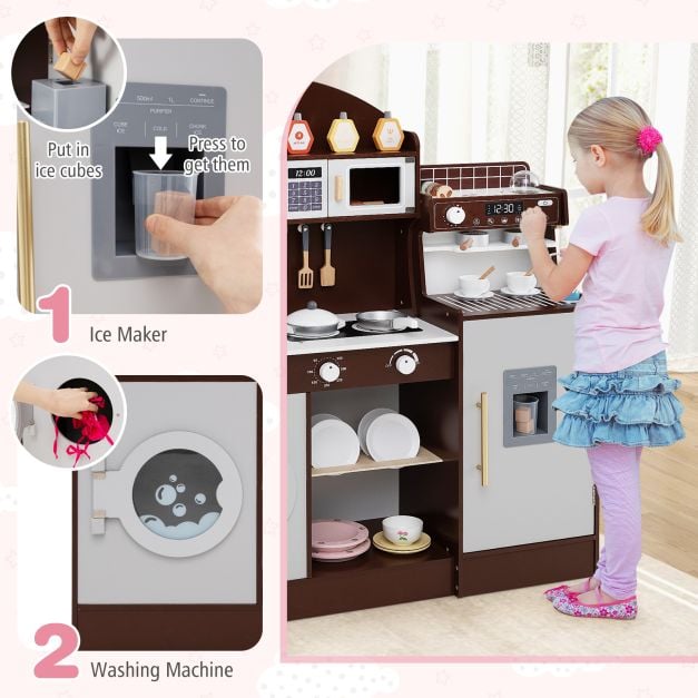 Wooden Kitchen Playset with Clock and Microwave-Coffee