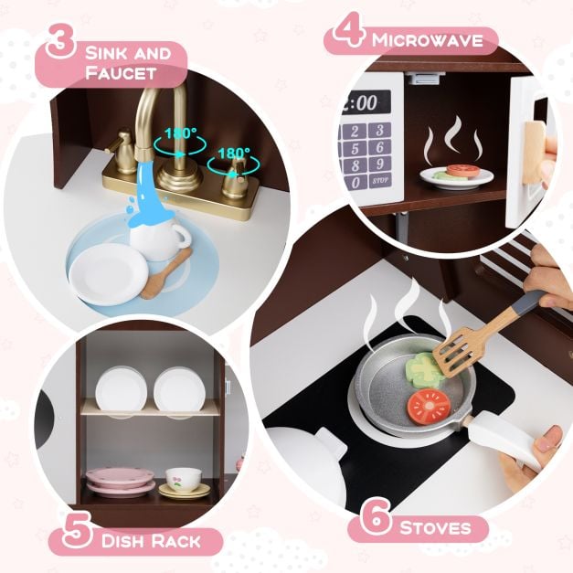 Wooden Kitchen Playset with Clock and Microwave-Coffee