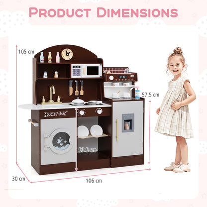 Wooden Kitchen Playset with Clock and Microwave-Brown